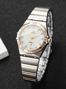 1 chiếc đồng hồ đeo tay nữ thời trang thường ngày, mặt số La Mã đính kim cương, máy quartz, không kèm hộp đựng. - trắng - Xem 7