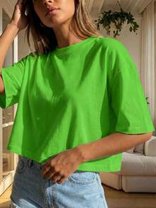 2 piezas Camiseta de manga corta y cuello redondo holgada y corta para mujer, adecuada para uso en primavera/verano, estilo casual/minimalista/elegante/sexy/streetwear/Y2K, apta para oficina - Fruta verde - Ver 3