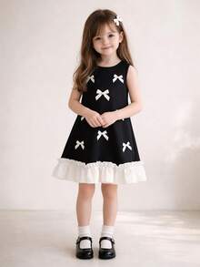 Đầm thanh lịch cho bé gái 4-8 tuổi - Đầm chữ A không tay màu đen với nơ trắng đính kèm và viền bèo nhún | Thích hợp cho tiệc tùng, đám cưới hoặc các dịp đặc biệt - màu đen - Xem 4
