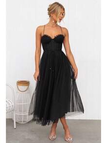 KZKZWK Cami Tulle Midi Dress With Corset Bodice, Sweetheart Neckline, Tie Waist Detail, Flared A-Line Skirt, Bridesmaid & Formal Party Wear - 黑色 - 查看 1