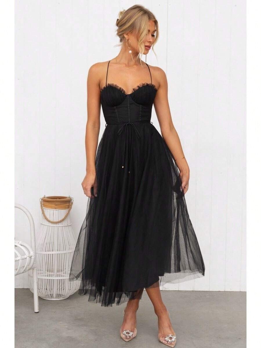 KZKZWK Cami Tulle Midi Dress With Corset Bodice, Sweetheart Neckline, Tie Waist Detail, Flared A-Line Skirt, Bridesmaid & Formal Party Wear - 黑色 - 查看 1