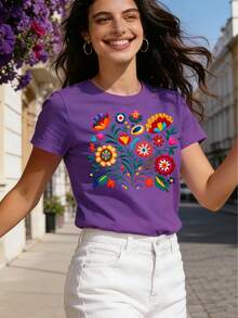 Mexican-Style T-Shirt With A Colorful Floral Print Featuring Festive Motifs, Casual Short-Sleeved Top With A Round Neck For Women. DWRM - 深紫色 - 查看 2