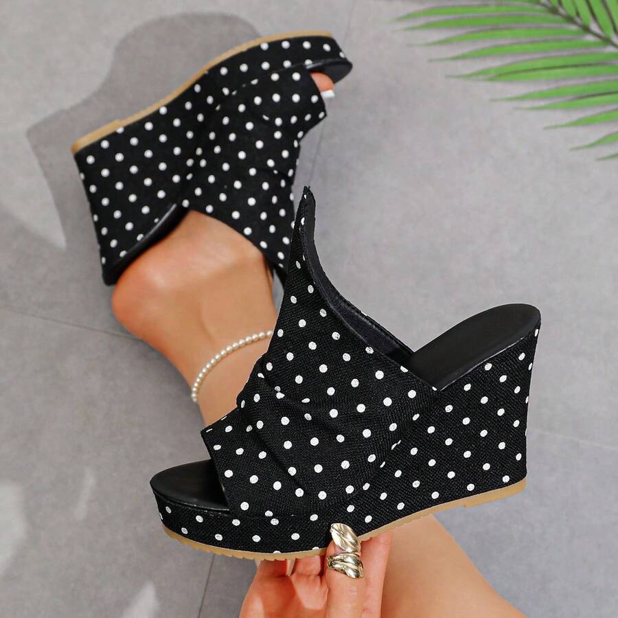 Plus Size Women's Wedge Sandals, Sexy Open Toe Slip-On High Heel Mules - Black and White - View 1