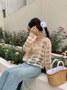 Top de ganchillo de manga larga para mujer, suéter de punto calado transparente, Jersey corto ahuecado, traje de playa de vacaciones Boho, primavera y verano - Albaricoque - Ver 5
