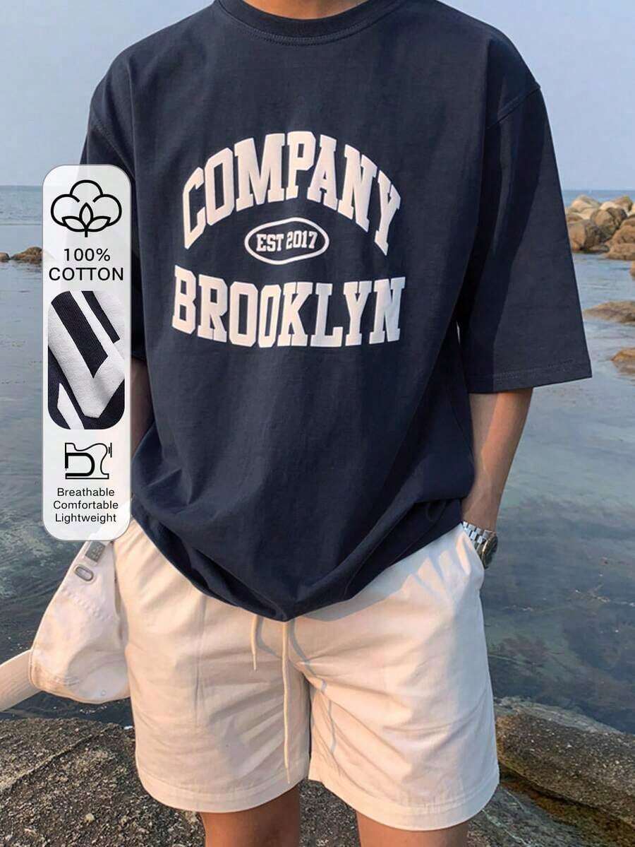 Camiseta de hombro caído con gráficos de letras, de verano - Gris - Ver 1