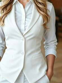 1pc Women's Solid Color Pocket Button Elegant Fashionable Sleeveless Vest Top Jacket White - White - View 6