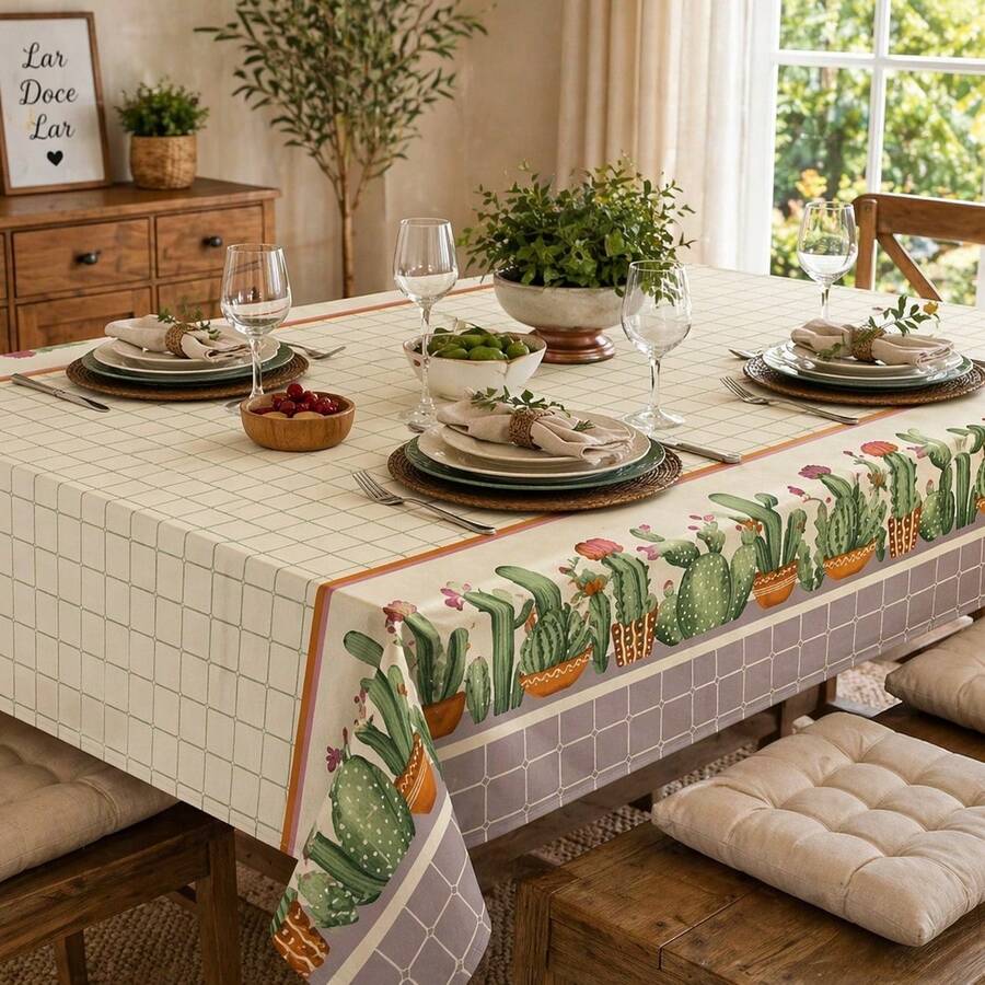 Luxury Oxford Rustic Linen Tablecloth For 4/6/8 People, Various Prints - Cacti - View 1