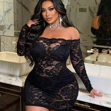 Plus Size Lace Sexy Sheer Floral Splice Off-Shoulder Long Sleeve DressValentine's Day - Blanco - Ver 2