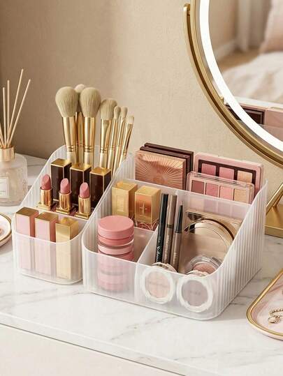 2pcs/1pc Transparent Multi-Compartment Makeup Organizer, PET Plastic Cosmetic Storage Holder, Desktop Vanity Organizer With Divided Sections For Brushes, Lipsticks, Serums, Perfumes & Beauty Tools, Room Home Bathroom Storage