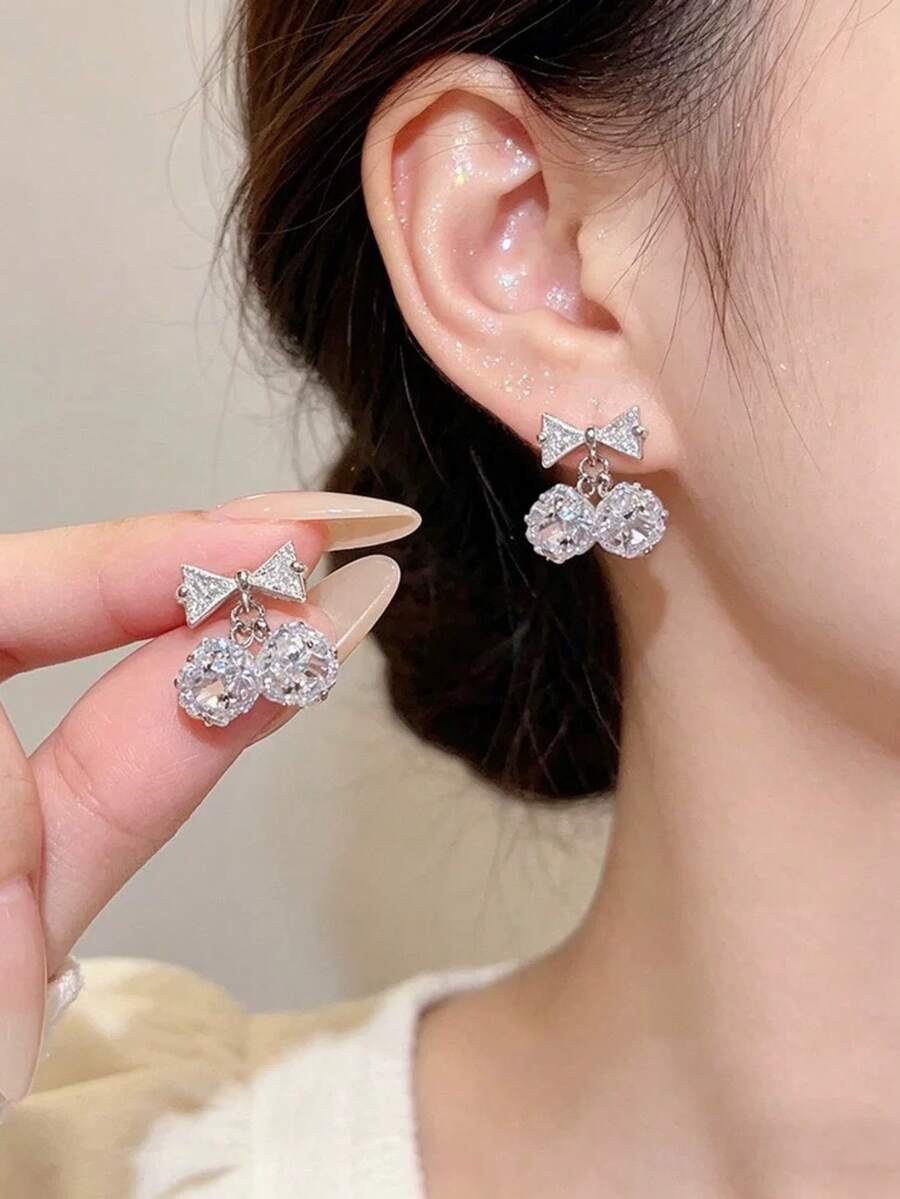 Bông tai hình bướm và quả anh đào đính đá Cubic Zirconia lấp lánh, kiểu dáng thanh lịch, thích hợp đeo hàng ngày cho nữ, món quà trang sức tinh tế. - Bạc - Xem 1