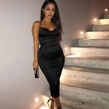 Vestido midi largo de satén neón con cordones para mujer, rosa claro, ceñido al cuerpo, sin espalda, elegante, sexy, para fiesta, ropa de club, conjunto de verano 2022 para cena. - nz7018-marrón - Ver 2