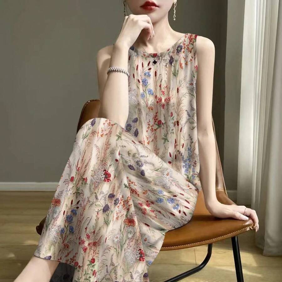Elegante Vestido Largo Estampado Retro Estilo Mamá, Disimula la Figura, Prenda Interior/Exterior para Mujer, Vestido de Veran... - 2418 lavanda - Ver 1