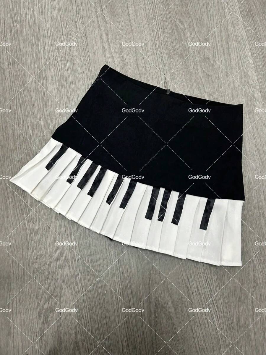 Faldas con teclas de Piano blancas y negras Vintage americanas Y2k, falda acampanada fruncida de cintura delgada para Mujer, novedad de verano 2021, estilo coreano Chic para Mujer - Diseño 3255 - Ver 1