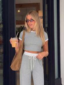 Casual Street Style Ribbed Contrast Color Round Neck Short Sleeve Top And Pants 2 Pieces Set - White Grey - View 4