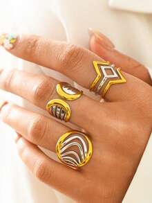 Uself 3 piezas/1 pieza Anillos ajustables de acero inoxidable enchapado para mujeres, joyería vintage, joyería de estilo occidental, marca para damas, regalo de vacaciones, hipoalergénico y resistente a la decoloración - Multicolor - Ver 8