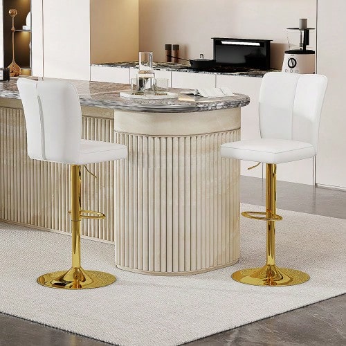 Height-Adjustable Bar Stools In A Set Of Two, 360° Swivel. Luxurious Bar Stools In A White And Gold Design Made Of Water-Repellent PU Leather, Suitable For Kitchen Islands. Various Colors Available. - 白色+金色 - 查看 1