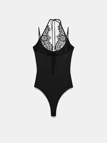 Body de Encaje Chic con Espalda Halter - Top Negro de Ajuste Delgado con Escote Cuadrado y Doble Tirante - Negro - Ver 6