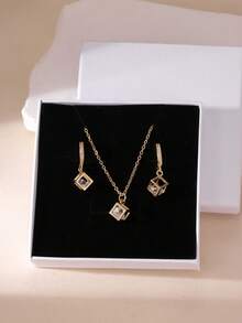 GEREIT 1 Set de Collar con Colgante de Cubo de Acero Inoxidable y Circonita y Aretes, Adecuado para Mujeres, Regalo de Vacaciones, Regalo del Día de la Madre (Viene con Caja de Regalo) - Dorado - Ver 12