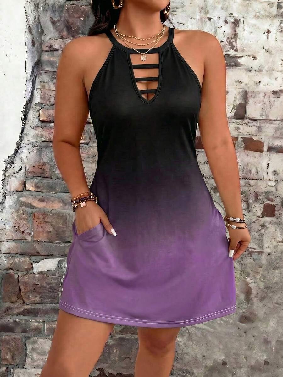 Plus Size Women Sexy Ombre Color Spaghetti Strap Hollow Out Mini Dress With Pockets, Sleeveless Bodycon Dress Elegant Summer