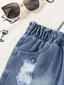 1 pieza Shorts vaqueros casuales con cintura elástica y dobladillo deshilachado para niñas, estilo callejero, primavera/verano - Azul lavado medio - Ver 4