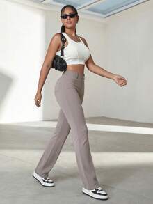 Y2K Style High Stretch Fitted Yoga Pants With Diagonal Pockets, Minimalist Comfortable, High Quality, Suitable For Daily Casual, Running, Workout, Office Wear And Other Occasions For Women In Autumn - Light Brown - View 6