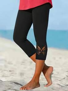 Leggings de tres cuartos para mujer, pantalones ajustados con diseño de mariposa - Negro - Ver 3