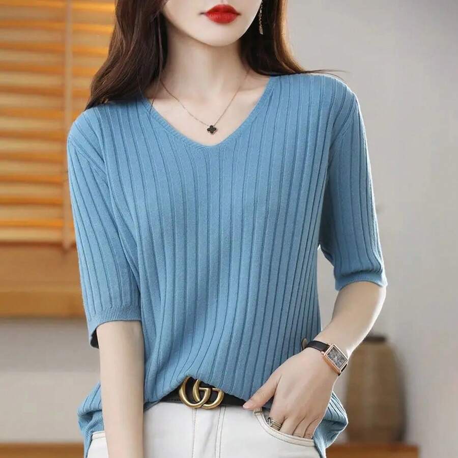 2025 nueva primavera novedad de verano mujer cuello en V de manga corta exquisito suéter de punto de Cachemira pulóver Color sólido - azul claro - Ver 1