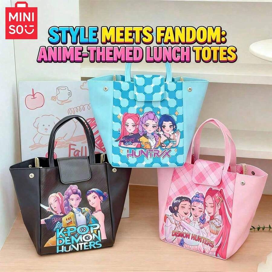 Bolsa de almuerzo con estampado del anime Demon Slayer de Miniso-Kpop, bolsa de almuerzo de gran capacidad impermeable de cuero de PU, bolsa bento reutilizable para uso diario en el trabajo y la escuela - Ver 1