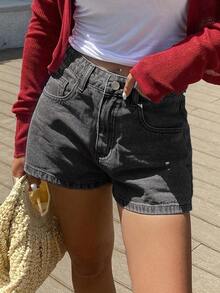Shorts vaqueros casuales de verano tipo A-line para mujer, shorts vaqueros sexy y elegantes - Negro - Ver 2