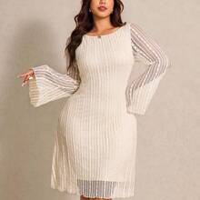 Elaquor Plus Size Elegant Minimalist Solid Color Round Neck Textured Dress, Autumn Plus Size Cream Dress Mesh Dress For Women Plus Size Dress Spring Outfit Women Spring Dress For Women Cream Dress Plus Size - Beis - Ver 5