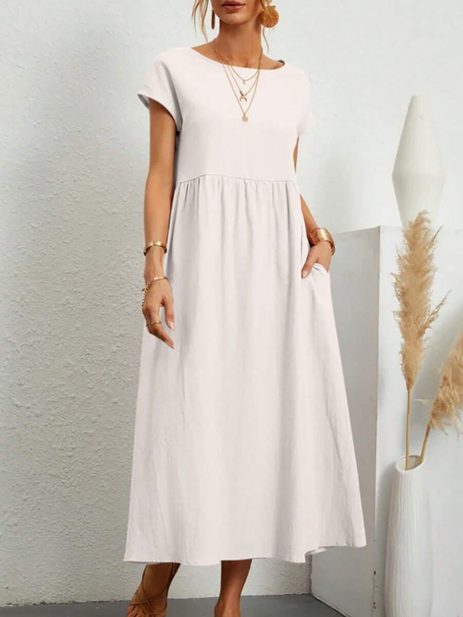 Vestido largo holgado de lino y algodón para mujer, prenda elegante y lisa de manga corta con cuello redondo, Estilo Vintage Harajuku, Y2K - BLANCO - Ver 1