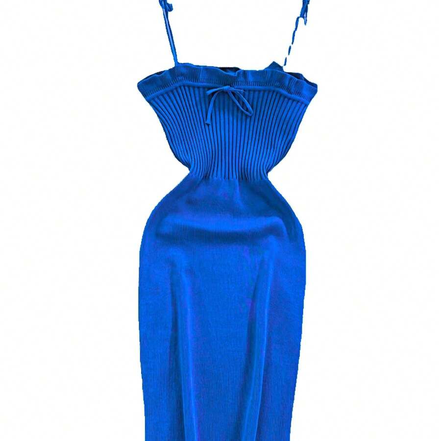 2024 Vestido acanalado con cordones Vestido elegante liso ajustado con volantes Ropa de mujer Mini vestido corto ajustado - Azul - Ver 1