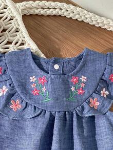 Baby Cap Sleeve Romper, Sweet Floral Embroidery + Loose Fit, Convenient For Diaper Change - Blue - View 3