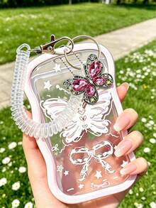 Pink Diamond Butterfly Pendant Card Holder With Pearl Chain, High-Quality Star Bow Transparent Wave Edge Design Card Case With Spring Cord And Buckle, Suitable For Student ID, Meal Card, Transit Card, Access Card, Bank Card And Other Cards, Scratch-Resistant And Shockproof, Suitable For Campus Commute, Daily Travel, Office Access, Gift For Friends, Girlfriend, Students, Birthday, Holiday, School Gifts - Multicolor - View 9