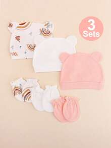Bộ 3 món cho bé sơ sinh: Mũ hai lớp + găng tay chống trầy xước, thoáng khí & mềm mại. - Nhiều màu - Xem 6