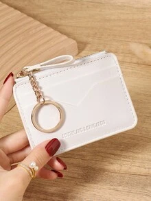 Cartera/Monedero minimalista de unicolor blanco, con cremallera y cadena, múltiples ranuras para tarjetas, bolsillo para monedas y ventana para identificación, compacto y delgado, unisex, para uso diario y viajes de compras - Blanco - Ver 7
