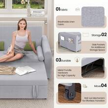 Jooli H 2 Seater Sofa Bed, 3-In-1 Convertible Fabric Pull Out Sleeper Sofa With 3-Position Adjustable Backrest, Side Pockets For Living Room, Guest Room, Light Grey - Light Grey - View 6