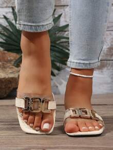 Women's Comfortable Slip-On Flat Slippers, Fashionable Retro Design With Buckle Decor, Suitable For Daily Wear With Style - Beige - View 5
