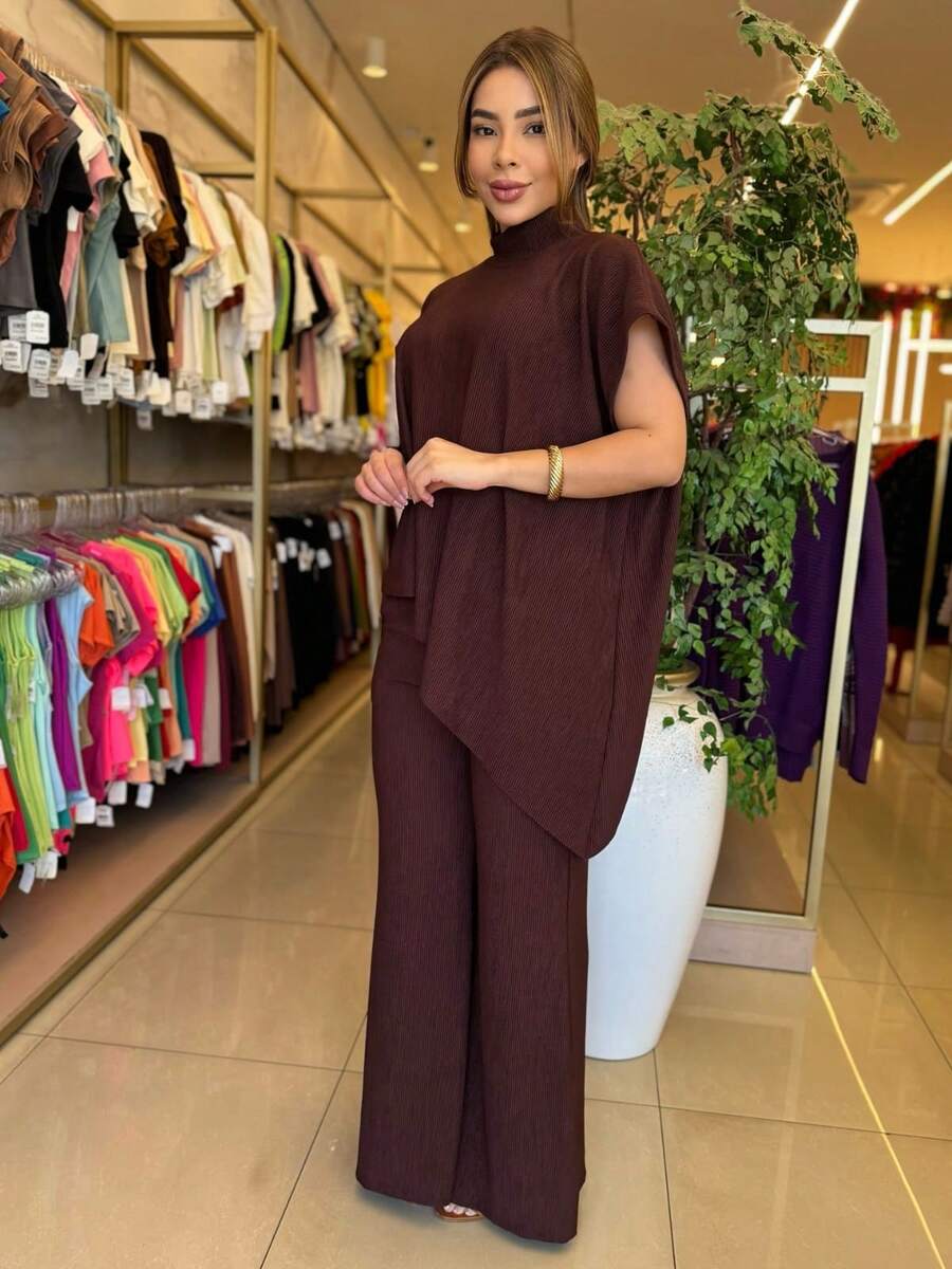 Women's Set: Asymmetrical Blouse With Sleeves, Wide-Leg Pants, Premium Line, Elegant, Sophisticated, Luxurious, Comfortable - Rỉ Nâu - Xem 1