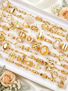 14/20/30Pieces/Lot Fashion Bohemian Faux Pearl Rhinestone Rings Set For Women Vintage Flower Butterfly Geometric Jewelry Daily Party Dating Gifts - Imitation Pearl Ring - View 6