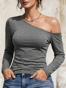 Vuslat Women's Sexy & Elegant Gray Open Shoulder Long Sleeve Elastic Knit Fitted Top, Suitable For Casual, Date, Night Party, Valentine's Day, New Year - Grey - View 5