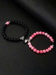 2pcs/Set Magnetic Heart Couple Bracelets, Bead Bracelet, Versatile Colors & Styles Suitable For Daily Wear, Parties, Great Gift For Boyfriend BCHB - 顏色混合 - 查看 5