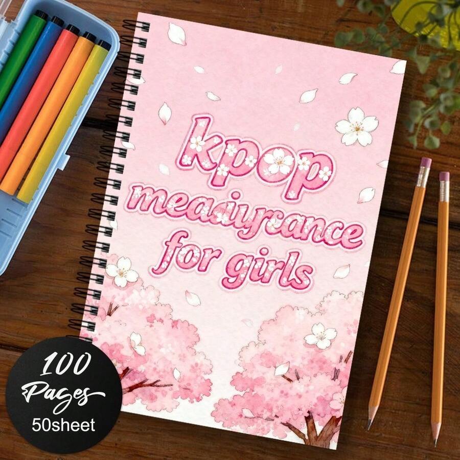 1本樱花图案螺旋装订笔记本，时尚花卉主题日记本，男女皆宜，是馈赠亲友或同事的理想之选，适合学校或办公室使用，内页为横线螺旋装订。