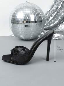 Giày sandal cao gót mũi vuông, thắt nơ, chất liệu lưới, kiểu dáng slip-on, thời trang cho mùa xuân/hè. - màu đen - Xem 3