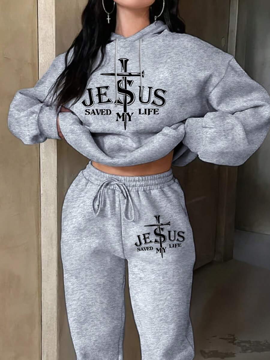 Women's Casual And Fashionable Sweatshirt And Pants Set With Letter And Painting Print - 灰色 - 查看 1