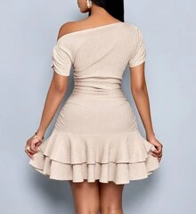 Women's One Shoulder Ruffle Dress Slim Fit Solid Color Elegant Stylish Summer Bodycon Midi Dress - Peacock Blue - View 6