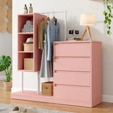 Schubladenschrank, Kleiderschrank-Set, Rosa Kleiderschrank, Sideboard, Kleiderstange, Mass: B140/W40/H135,Rosa - 粉色 - 查看 3