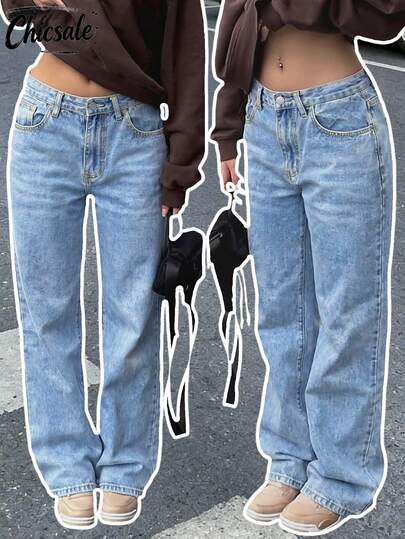 Quần Jeans Ống Thẳng Túi Đơn Giản Cho Nữ, Đa Năng