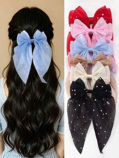 6pcs Random Solid Color Rhinestone Mesh Bow Hair Clips, Elegant Long Tail Big Size Hairpins, Cute Girl Princess Hair Accessories For Daily Wear And Party