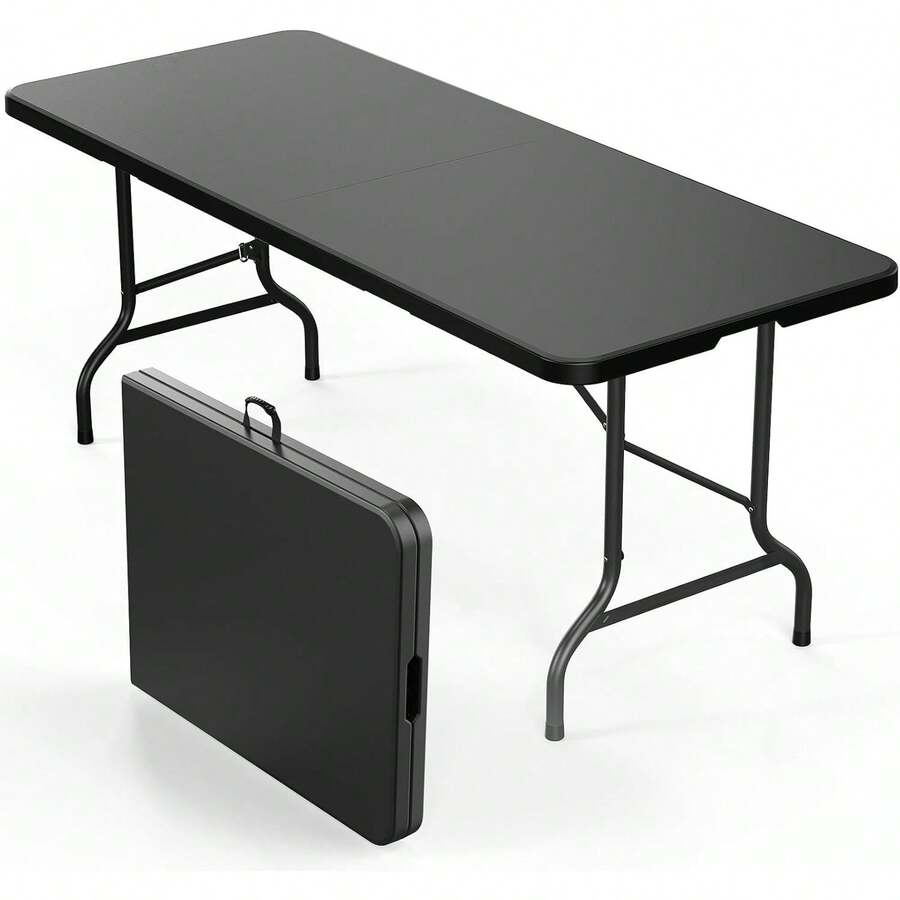 Folding Table 6ft, Portable Collapsible Plastic Black Long Tables For Party, Camping, Banquet, Craft, Dining, Wedding, Outdoor And Indoor Use - Black - View 1